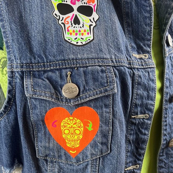 Distressed Denim Vest - One of A Kind - Customized with Day of the Dead Skulls - Picture 3 of 13